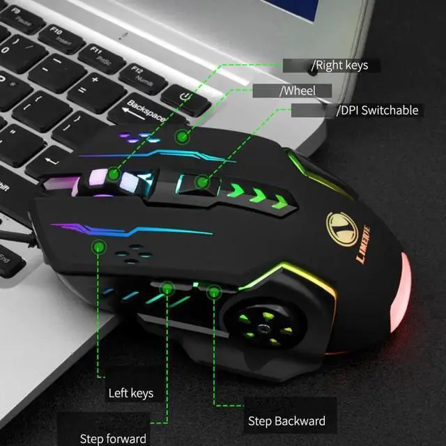 Alt view image 3 of 7 - JAENFONG 3600dpi USB Wired Gaming Mouse, 6 Buttons LED Backlit E-sports Gaming Mice, 6D Colorful LED Light Glowing Mouse for Laptop PC Computer Gamer