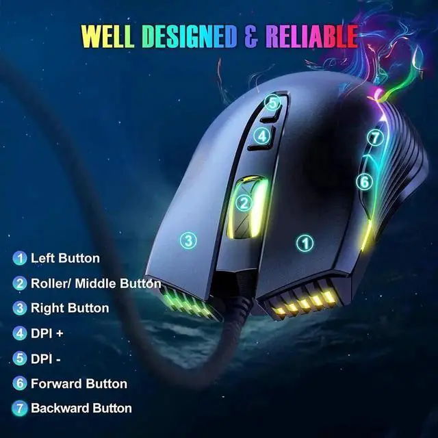 Alt view image 7 of 7 - New Version USB Gaming Mouse Wired, LED RGB Backlit 6400 DPI Adjustable Gaming Mouse, Grip Ergonomic Optical PC Computer Gaming Mice, 7 Buttons Gaming Mice for Windows 7/8/10/XP Vista Linux(Black)