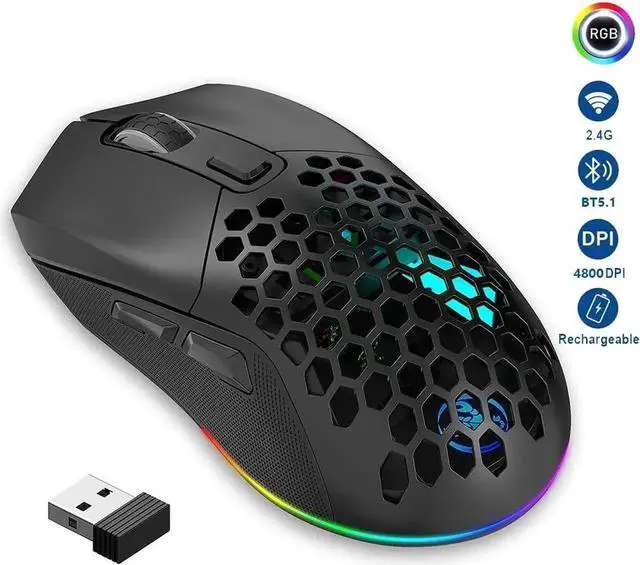 Main image of JAENFONG Lightweight Gaming Mouse, Rechargeable Wireless Gaming Mouse, (Bluetooth 5.1 + 2.4Ghz RF) Dual Mode Wireless Mouse with USB Receiver RGB Backlight Computer Mouse for Laptop PC (Black)
