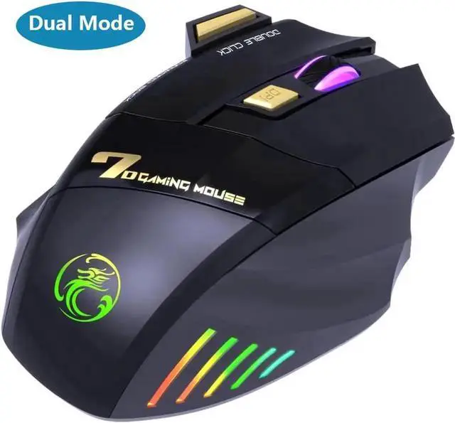 Main image of Dual Mode Wireless Gaming Mouse, Rechargeable USB 2.4G + Bluetooth 5.1 Wireless Mice, with 7-Color Rainbow Luminous, 3 adjustable DPI levels(up to 3200 dpi), Optical Effect Gaming Mice (Classic Black)