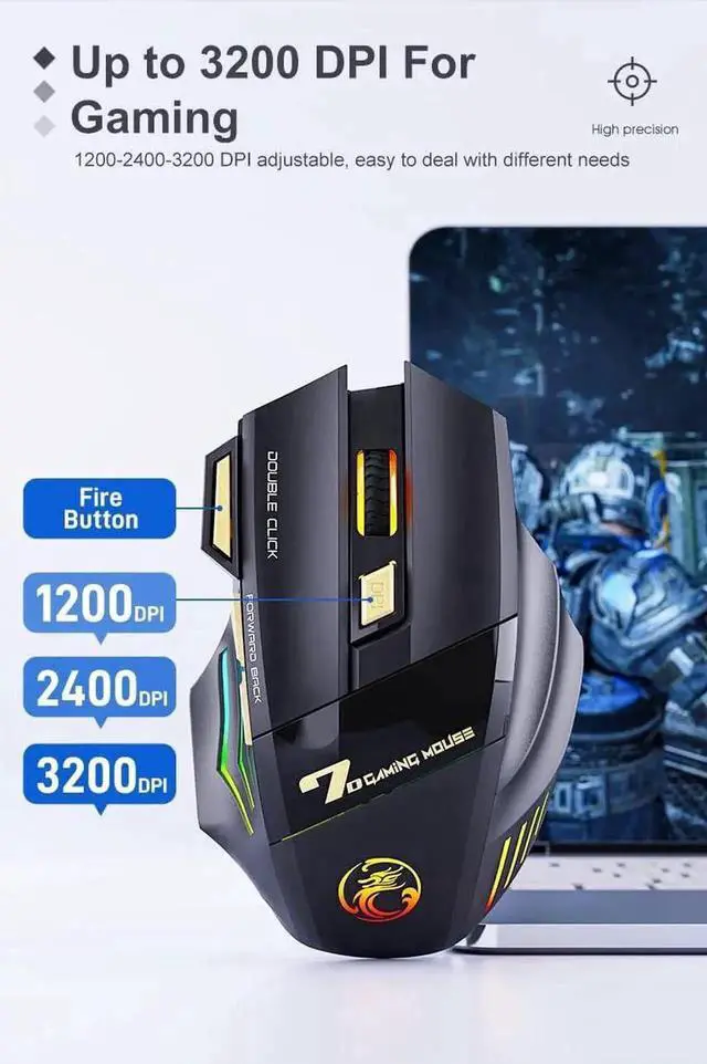 Alt view image 4 of 7 - Dual Mode Wireless Gaming Mouse, Rechargeable USB 2.4G + Bluetooth 5.1 Wireless Mice, with 7-Color Rainbow Luminous, 3 adjustable DPI levels(up to 3200 dpi), Optical Effect Gaming Mice (Classic Black)