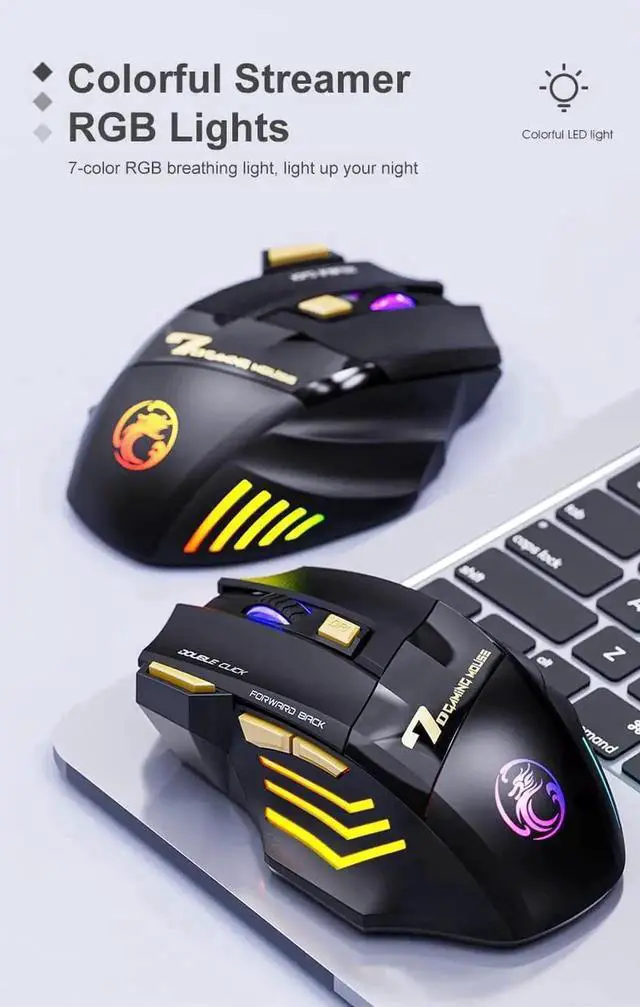 Alt view image 2 of 7 - Dual Mode Wireless Gaming Mouse, Rechargeable USB 2.4G + Bluetooth 5.1 Wireless Mice, with 7-Color Rainbow Luminous, 3 adjustable DPI levels(up to 3200 dpi), Optical Effect Gaming Mice (Classic Black)