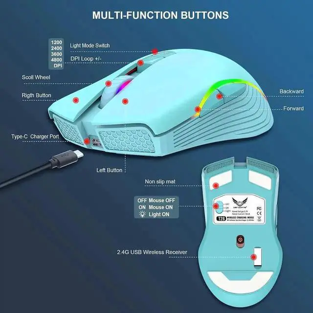 Alt view image 4 of 7 - JAENFONG Rechargeable Wireless Gaming Mouse, RGB LED Backlit Mouse with 4 Adjustable DPI, 7 Button, 2.4G USB Optical Gaming Ergonomic Computer Mice for Laptop PC Gamer Computer Desktop (Green)