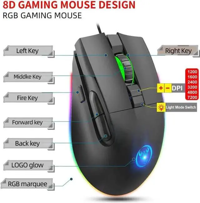 Alt view image 6 of 7 - JAENFONG Programmable Gaming Mice, USB Wired Mouse with RGB Backlight 1.6M 8D Mechanical Macro Gaming Mouse with 8 Buttons for Computer Game Player, 7200dpi Adjustable ABS Material