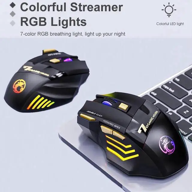 Alt view image 4 of 7 - JAENFONG Wireless Gaming Mouse High precision, Optical Owl-Eye Sensor (1200/2400/3200 DPI), 7-Color LED Rainbow Luminous, 7 programmable Keys, Rechargeable Wireless Bluetooth Mouse, USB