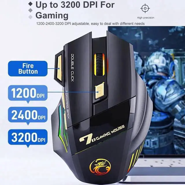 Alt view image 3 of 7 - JAENFONG Wireless Gaming Mouse High precision, Optical Owl-Eye Sensor (1200/2400/3200 DPI), 7-Color LED Rainbow Luminous, 7 programmable Keys, Rechargeable Wireless Bluetooth Mouse, USB