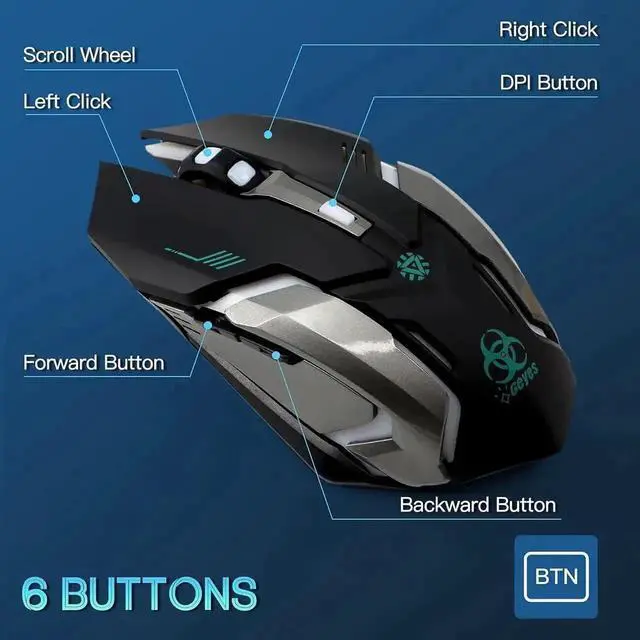 Alt view image 5 of 7 - JAENFONG 2.4G RF Wireless Gaming Mouse, Silent Click Wireless Rechargeable Mouse with Colorful LED Lights and 3 Level DPI 400mah Lithium Battery for Laptop and Computer (Black)