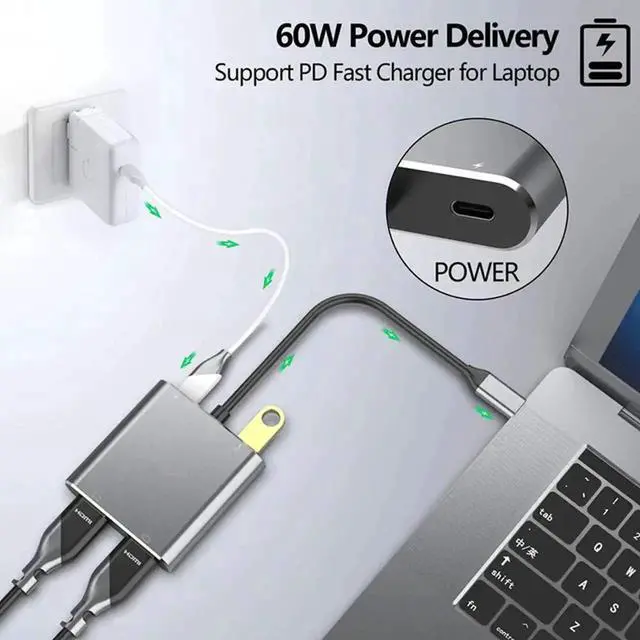 Alt view image 7 of 7 - JAENFONG [4 in 1] USB C Hub with Dual HDMI Port, Type-C Docking Station USB C to Dual HDMI 4K USB 3.0 PD Fast Charging Dual Screen Extend Display USB C Hub Converter for Macbook Laptop Mobile Phone PC