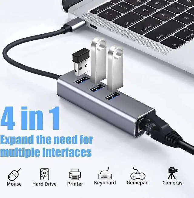 Alt view image 7 of 7 - USB C to Ethernet Adapter with 3 Port USB 3.0, Type C Hub with RJ45 10/100/1000 Gigabit Ethernet 4- in-1 USB C Hub Compatible for Mac-Book Pro 2021/2020/2019/2018/2017,Air, D-e-l-l XPS and More
