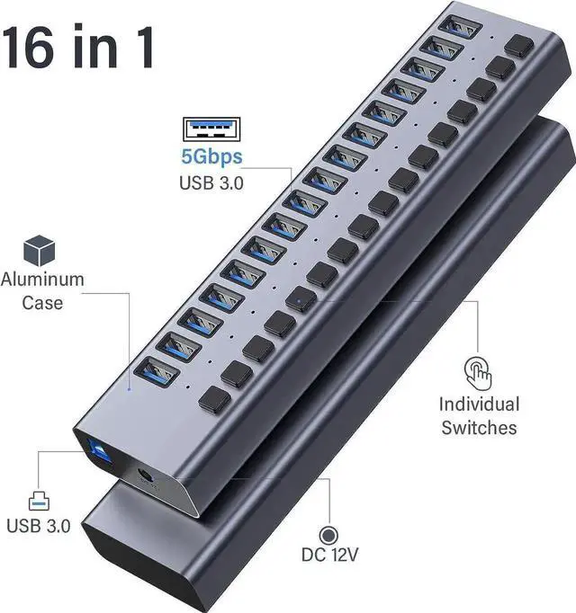 Alt view image 2 of 7 - Powered USB Hub 3.0,16 Ports Powered USB 3.0 Data Hub, Individual On/Off Switches, 12V7.5A 90W Power Adapter, USB Hub 3.0 Splitter Extension for MacBook, Mac Pro/Mini, i-Mac, Surface Pro Laptop/PC