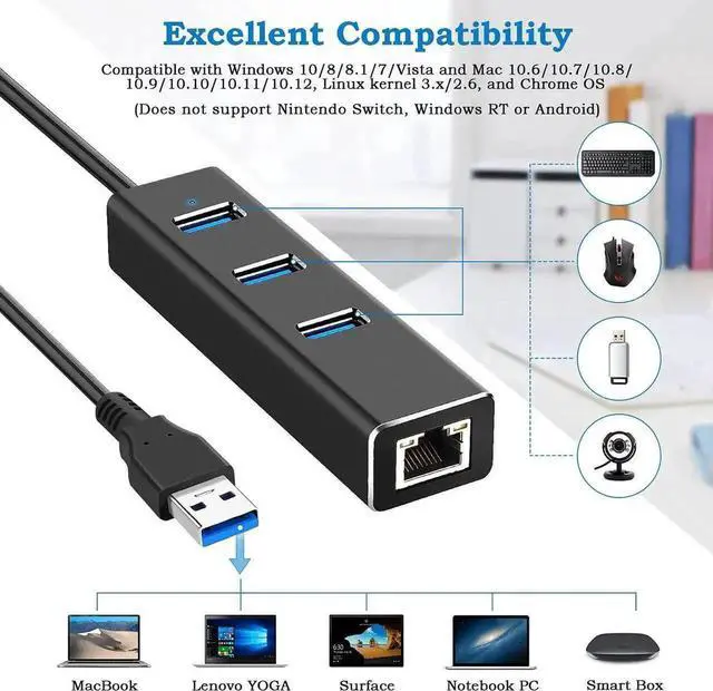 Alt view image 3 of 7 - JAENFONG USB 3.0 Splitter, Aluminum USB to Ethernet Adapter with 3 USB Ports and RJ45 Gigabit Network LAN Port, USB Type C Hub to Ethernet for Windows 7/8/10, Linux, Mac, ChromeBook, PC etc