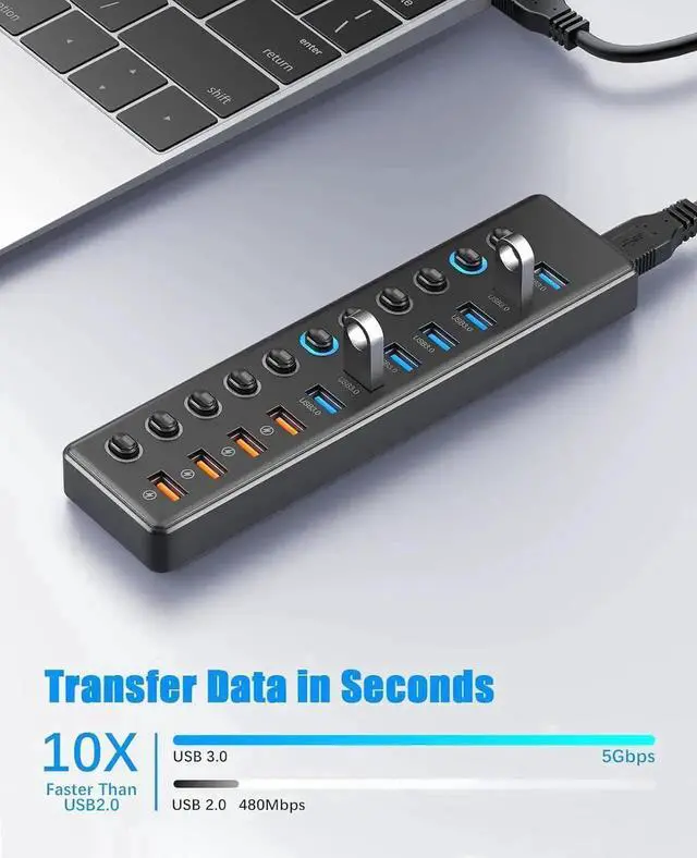Alt view image 3 of 7 - JAENFONG Powered USB Hub 3.0, 11-Port USB 3.0 Hub Splitter (7 USB 3.0 Data Ports + 4 Smart Charging Port) with 12V/3A Power Adapter and LED Individual On/Off Switches for Laptop and PC