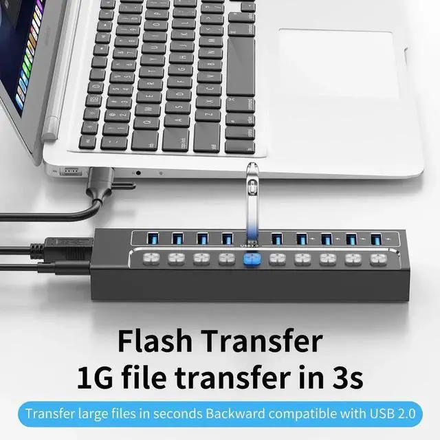 Alt view image 7 of 7 - JAENFONG AUTYUE Powered USB Hub 3.0, 10-Port USB 3.0 Hub Splitter with Individual Switches and Indicator Lights, 10 USB 3.0 Data Transfer Ports, (included 4 Charging Ports) + 12V 3A Power Adapter