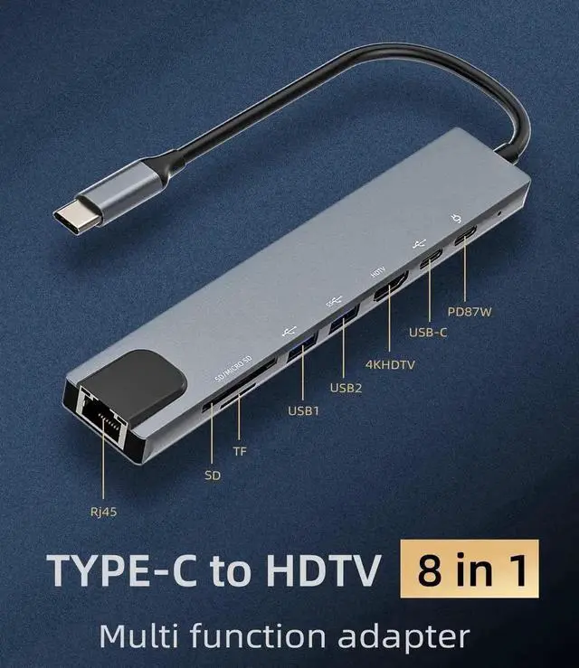 Alt view image 2 of 7 - JAENFONG 8 in1 USB C Hub to Adapter RJ45 100mbps Laptop Docking Station Splitter, for Multiport Adapter for Dell HP MacBook pro iPhone15 Pro Max iPad Pro Air SD TF RJ45 USB Extender Hub PD