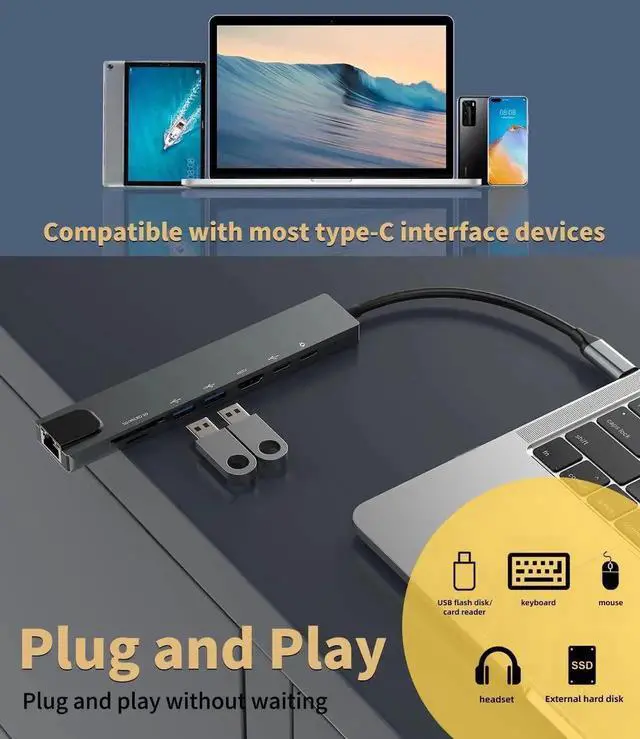 Alt view image 7 of 7 - JAENFONG 8 in1 USB C Hub to Adapter RJ45 100mbps Laptop Docking Station Splitter, for Multiport Adapter for Dell HP MacBook pro iPhone15 Pro Max iPad Pro Air SD TF RJ45 USB Extender Hub PD