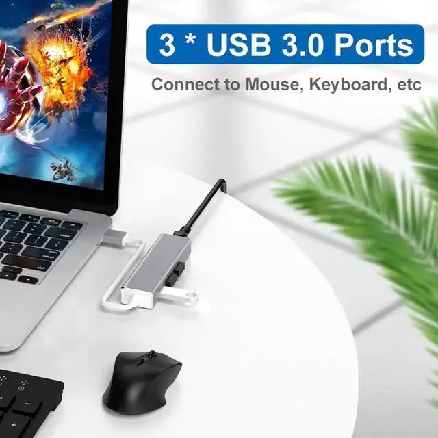 Alt view image 2 of 7 - JAENFONG USB 3.0 to Ethernet Adapter,3-Port USB 3.0 Hub with RJ45 10/100/1000 Gigabit Ethernet Adapter Support Windows 10,8.1,Mac OS, Surface Pro,Linux,Chromebook and More