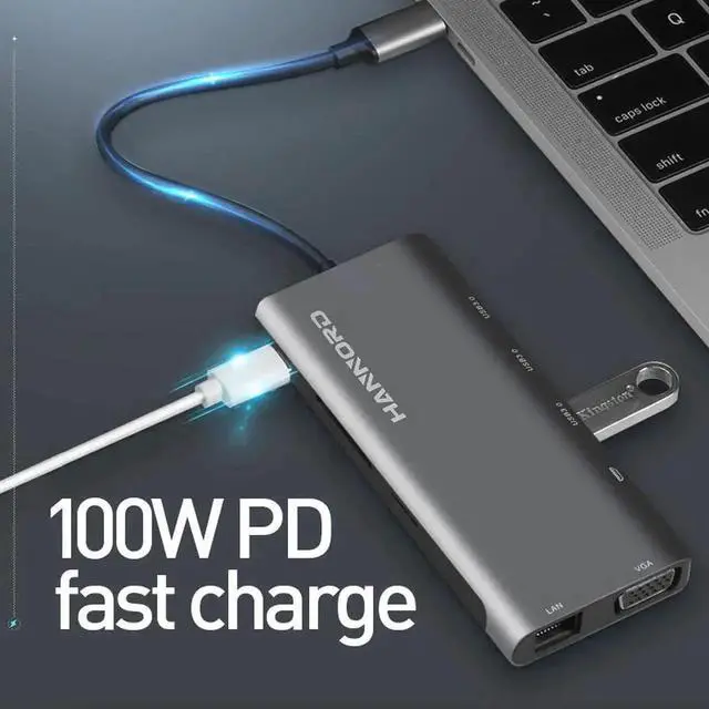 Alt view image 4 of 7 - JAENFONG USB C Hub, 9-in-1 USB C Hub Adapter, with 4K HDMI, USB-C 100W Power Delivery, Ethernet Port, 1080P VGA, 3 USB-A 3.0 5Gbps Data Port, microSD SD Card Reader for MacBook Air, MacBook Pro, XPS