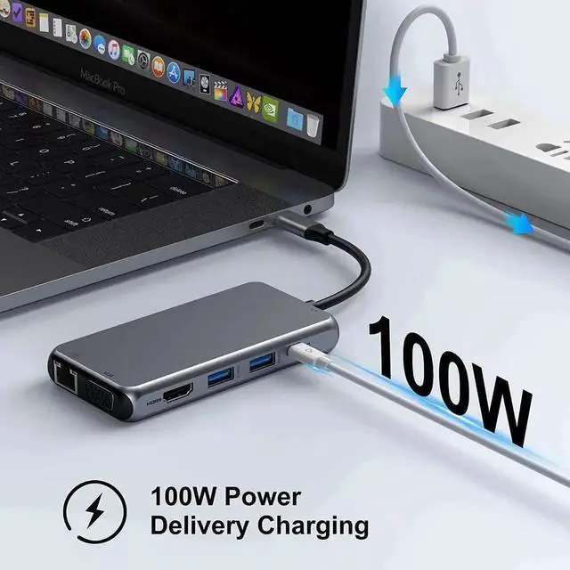 Alt view image 5 of 7 - JAENFONG USB C Hub Type C Multiport Adapter for MacBook Pro/Air,10 in 1 Mac Dongle with HDMI, Ethernet, VGA, PD Port, 3 USB 3.0, SD/TF Card Reader and Mic/Audio for Windows Type C Laptops