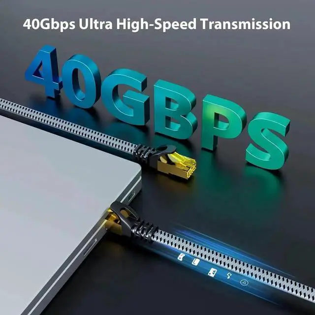 Alt view image 3 of 7 - JAENFONG Cat 8 Ethernet Cable 10 Feet / 3M, Braided Flat Cat8 High Speed Internet Cable, Shielded Gold Plated Connector, 28 AWG, 40Gbps, 2000Mhz, LAN Network Cord Compatible with Gaming, Modem, Router