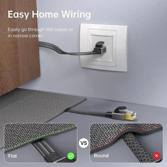 Alt view image 2 of 7 - JAENFONGCat 8 Ethernet Cable 50 Feet / 15M, Braided Flat Cat8 High Speed Internet Cable, Shielded Gold Plated Connector, 28 AWG, 40Gbps, 2000Mhz, LAN Network Cord Compatible with Gaming, Modem, Router