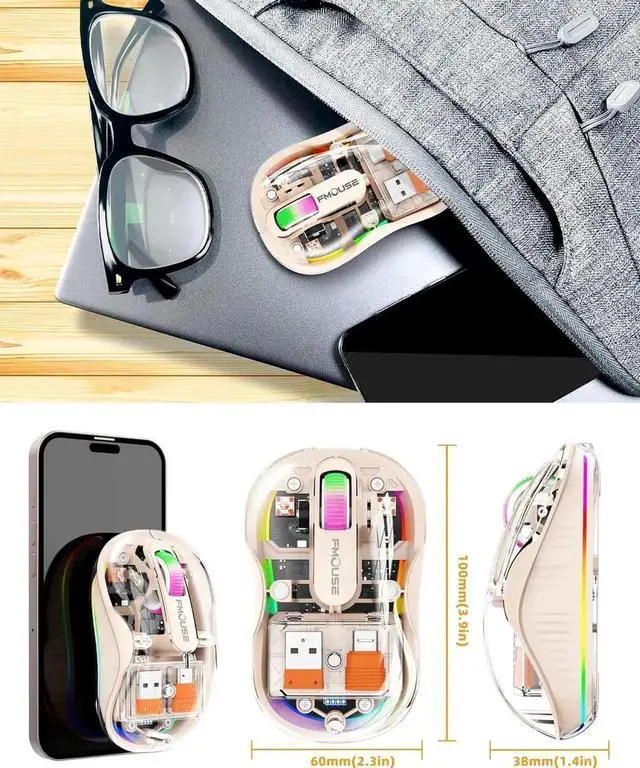 Alt view image 6 of 7 - Bluetooth Wireless Mouse, Computer Mouse for Laptop/Desktop PC, Silent Mouse with RGB Lights, 5.1 Bluetooth Mouse, Dual Bluetooth + USB & Type-C 2.4G 2400 DPI, Transparent Mouse for Home Office