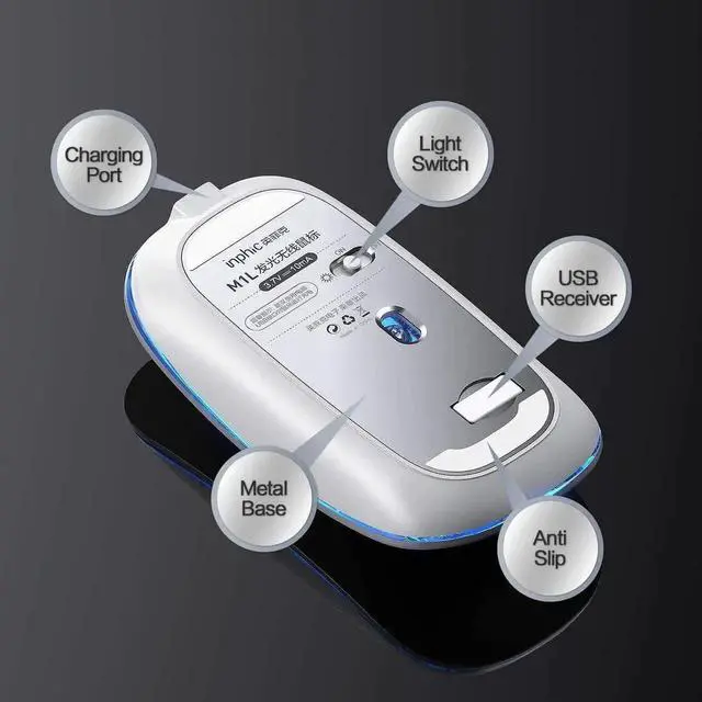 Alt view image 6 of 7 - JAENFONG LED Wireless Mouse, Rechargeable Silent 2.4G Wireless Computer Mouse with Home Button, RGB Cordless Mice for Laptop, PC,Mac, Silver