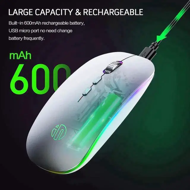 Alt view image 7 of 7 - JAENFONG LED Wireless Mouse, Rechargeable Silent 2.4G Wireless Computer Mouse with Home Button, RGB Cordless Mice for Laptop, PC,Mac, Silver