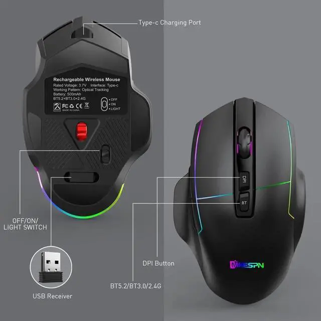 Alt view image 2 of 7 - JAENFONG 2.4G Wireless Bluetooth Mouse, Bluetooth RGB Rechargeable Gaming Mouse Wireless Computer Silent Mause LED Backlit 1600 DPI Ergonomic Gaming Mouse for Laptop PC