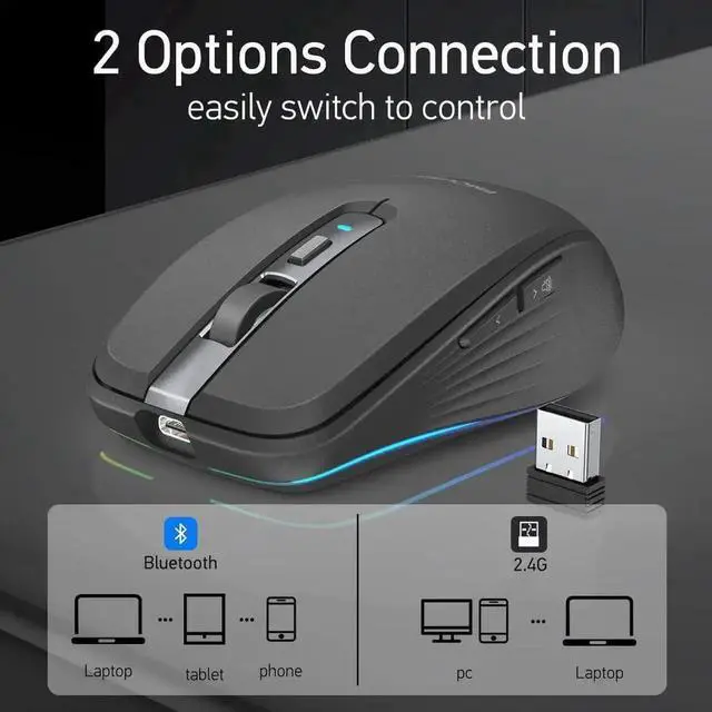 Alt view image 3 of 7 - Rechargeable Wireless Mouse, Silent Mouse with RGB Lights Gaming Mice, 2.4G Wireless & Bluetooth 5.1 Dual Mode 2400 DPI USB-C 700mAh Battery, Ergonomic Mouse for PC, Computer, Laptop, Desktop (Black)