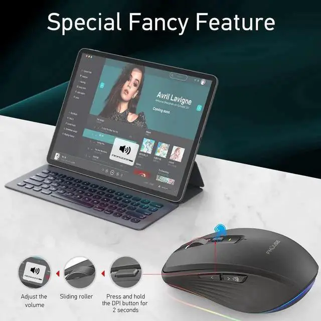 Alt view image 2 of 7 - Rechargeable Wireless Mouse, Silent Mouse with RGB Lights Gaming Mice, 2.4G Wireless & Bluetooth 5.1 Dual Mode 2400 DPI USB-C 700mAh Battery, Ergonomic Mouse for PC, Computer, Laptop, Desktop (Black)