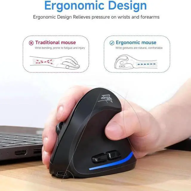 Alt view image 2 of 7 - Ergonomic Wireless Mouse, Bluetooth Vertical Mouse with LED Light, Control Up to 3 Devices (BT5.0+BT5.0+2.4GHz), Adjustable DPI 2400/1600/1000, Bluetooth Mouse for PC, Laptop, Mac, Windows