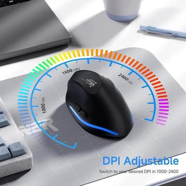 Alt view image 6 of 7 - Ergonomic Wireless Mouse, Bluetooth Vertical Mouse with LED Light, Control Up to 3 Devices (BT5.0+BT5.0+2.4GHz), Adjustable DPI 2400/1600/1000, Bluetooth Mouse for PC, Laptop, Mac, Windows