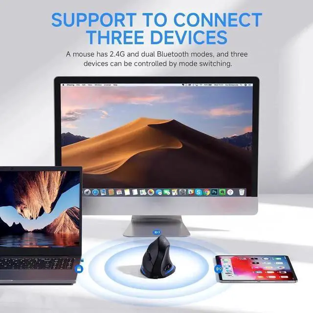 Alt view image 3 of 7 - Ergonomic Wireless Mouse, Bluetooth Vertical Mouse with LED Light, Control Up to 3 Devices (BT5.0+BT5.0+2.4GHz), Adjustable DPI 2400/1600/1000, Bluetooth Mouse for PC, Laptop, Mac, Windows