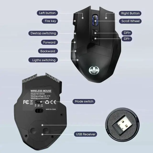 Alt view image 4 of 6 - JAENFONGWireless Gaming Mouse, Dual-Mode 2.4G/Bluetooth Wireless Mouse, Rechargeable PC Gaming Mice with Fire Button, 4-Level DPI up to 4800dpi, Noiseless Click, 10 Buttons for PC, Mac, Laptop, Tablet