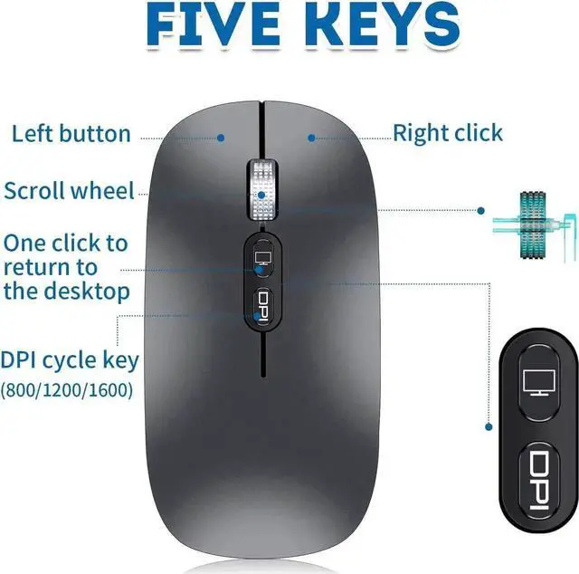 Alt view image 2 of 7 - JAENFONG Bluetooth Wireless Mouse, Rechargeable Silent Ultra-Thin Aluminum Alloy Wheel Adjustable DPI Mouse, One-Button Return To Desktop Button,Widely Compatible for Home Office Games (Gray)