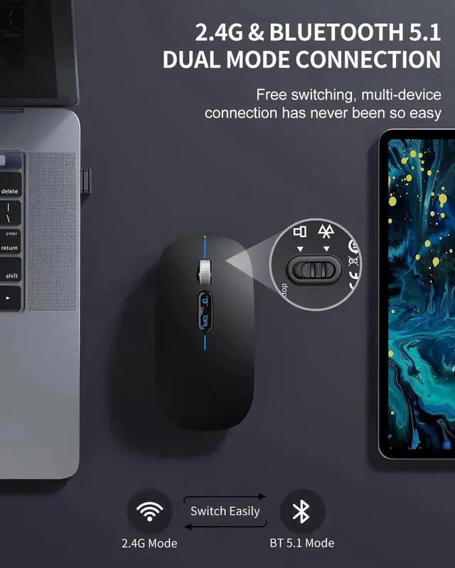 Alt view image 5 of 7 - JAENFONG LED Bluetooth Mouse, Rechargeable Silent Bluetooth Wireless Mouse Dual Mode (BT 5.1 + 2.4G USB) with Home Button, Portable Optical RGB Cordless Mice for Laptop Computer PC Mac, Black