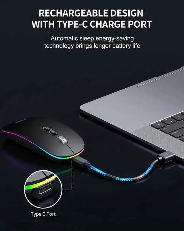 Alt view image 6 of 7 - JAENFONG LED Bluetooth Mouse, Rechargeable Silent Bluetooth Wireless Mouse Dual Mode (BT 5.1 + 2.4G USB) with Home Button, Portable Optical RGB Cordless Mice for Laptop Computer PC Mac, Black