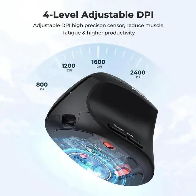 Alt view image 7 of 7 - AUTYUE Ergonomic Mouse, Wireless Mouse, Bluetooth Vertical Rechargeable Mice, 4 Adjustable DPI 800-2400, Bluetooth 5.2+5.2+USB WirelessMouse for Windows/Mac Laptop/PC/Desktop/Computer/iPad - Black