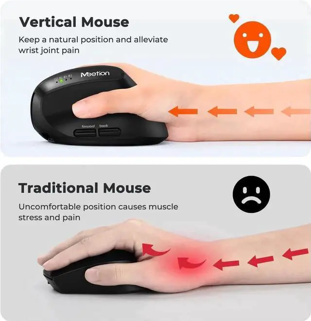 Alt view image 3 of 7 - AUTYUE Ergonomic Mouse, Wireless Mouse, Bluetooth Vertical Rechargeable Mice, 4 Adjustable DPI 800-2400, Bluetooth 5.2+5.2+USB WirelessMouse for Windows/Mac Laptop/PC/Desktop/Computer/iPad - Black