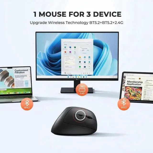 Alt view image 6 of 7 - AUTYUE Ergonomic Mouse, Wireless Mouse, Bluetooth Vertical Rechargeable Mice, 4 Adjustable DPI 800-2400, Bluetooth 5.2+5.2+USB WirelessMouse for Windows/Mac Laptop/PC/Desktop/Computer/iPad - Black