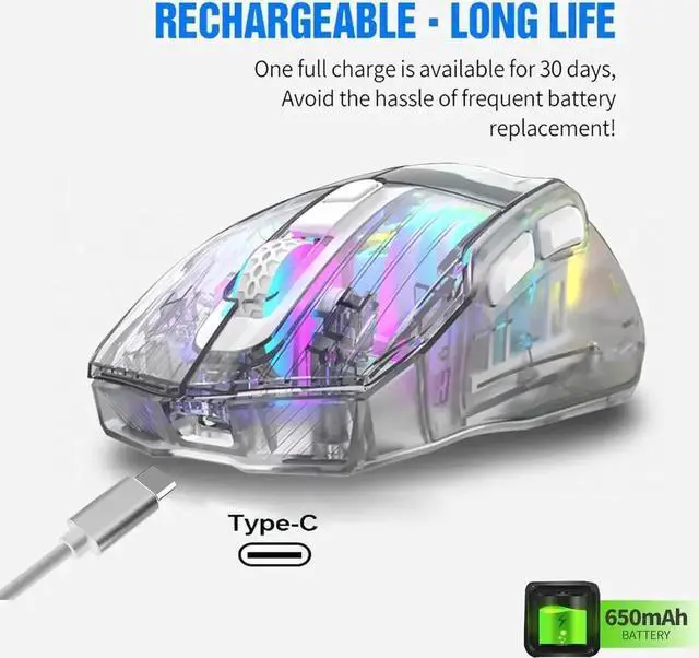 Alt view image 6 of 7 - JAENFONG Wireless Gaming Mice with Transparent Crystal Shell, Tri-Modes (USB Wired + 2.4G Wireless+ Bluetooth), Silent Click, Rechargeable Wireless Mouse with RGB Backlit- White