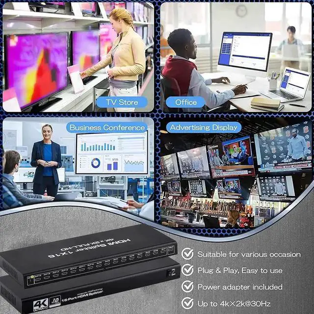 Alt view image 6 of 7 - JAENFONG HDMI Splitter 1 in 16 Out 16 Port 1x16 Full HD 1080P HDMI 1.4 Splitter with Switcher Converter Support 4KX2K 3D Digital Audio Format-Black(16 Port HDMI Splitter 4K)