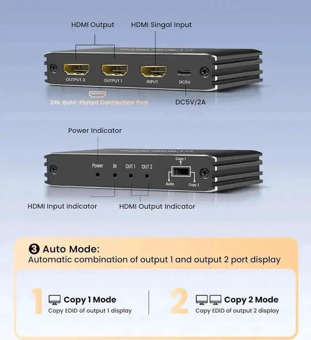 Alt view image 2 of 7 - JAENFONG HDMI 2.1 Splitter 8K@60Hz,AUBEAMTO HDMI Splitter 1 in 2 Out 4K@120Hz, HDMI Splitter for Dual Monitors (Only Copy/Mirror Input Screen), HDMI Splitter for Gaming Support 48Gbps, HDCP 2.3, RGB 4