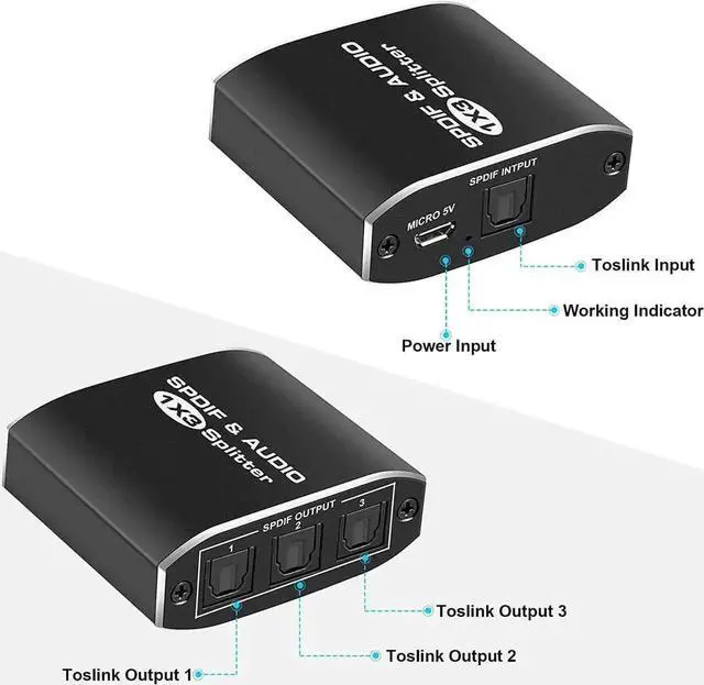 Alt view image 3 of 7 - JAENFONG 3 Port Digital Optical Splitter,AUBEAMTO SPDIF TOSLINK Digital Optical Audio Splitter 1x3(1 in 3 Out),Audio Format Support LPCM2.0 Doldy Digital & DTS 5.1