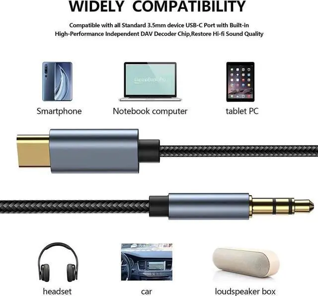 Alt view image 2 of 7 - JAENFONG USB C to 3.5mm Aux Jack Audio Cable, Type C Adapter to 3.5mm Headphone Stereo Cord Car Audio Converter with Mic and Volume Control for