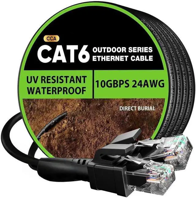 Main image of Cat 6 Outdoor Ethernet Cable 100 ft, 24AWG 10Gbps Cat6 Cable Cord Waterproof Direct Burial LLDPE UV Jacket, Internet Network Cable with 20 Ties Support POE Cat6 Cat5e Cat5, CCA, UTP for PC