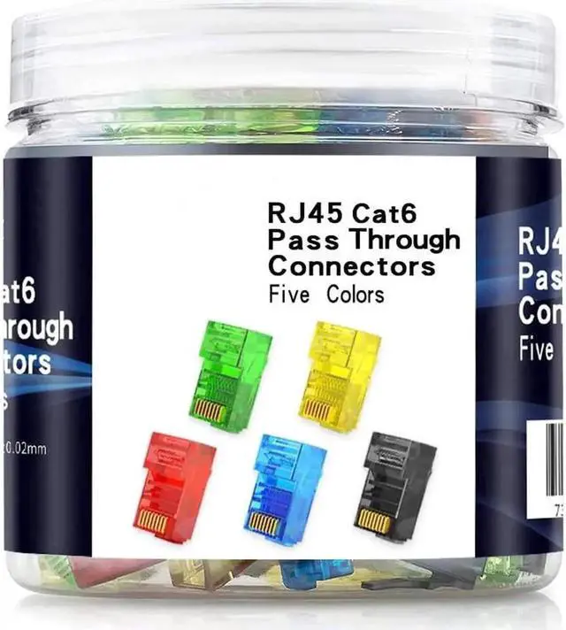 Main image of 100-Pack RJ45 Cat6 Pass Through Connector, Assorted Colors, RJ45 Modular Plugs for Solid or Stranded UTP Cable
