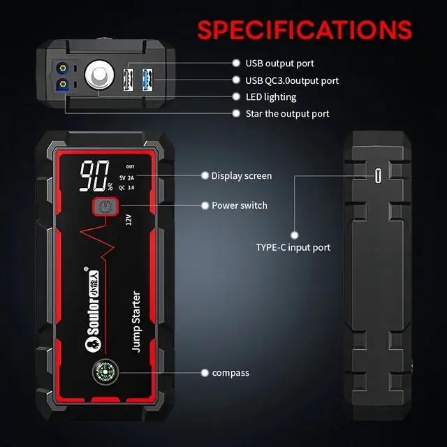 Alt view image 3 of 7 - New Portable Car Jump Starter, 3000A for 2.64gal Gal/2.11gal Diesel, 12V Battery Charger, Portable Jump Box with Dual USB Charger QC3.0 Fast Charging, compact design, suitable for all drivers.
