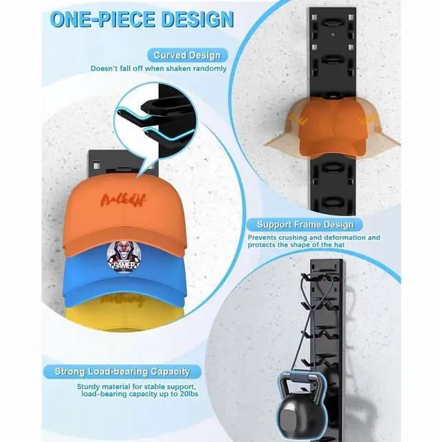 Alt view image 3 of 7 - 2 Hat Organizer Wall Mounted Baseball Cap Rack Black or White Adhesive Mount Holds 18 Hats for Closet Door Bedroom Easy Access Display Installation