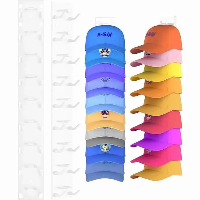 Main image of 2 Hat Organizer Wall Mounted Baseball Cap Rack Black or White Adhesive Mount Holds 18 Hats for Closet Door Bedroom Easy Access Display Installation